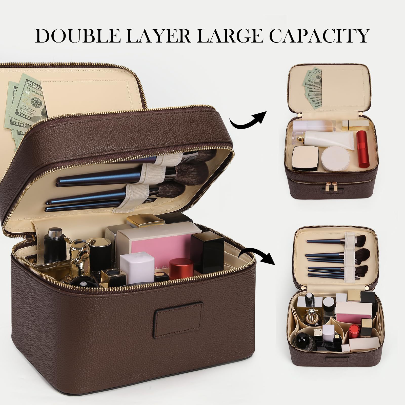 Luxury Bags For Travel - 大容量二層式高級化粧ポーチ 旅行用トップハンドル付きポータブルPUレザー多仕切りバニティケース