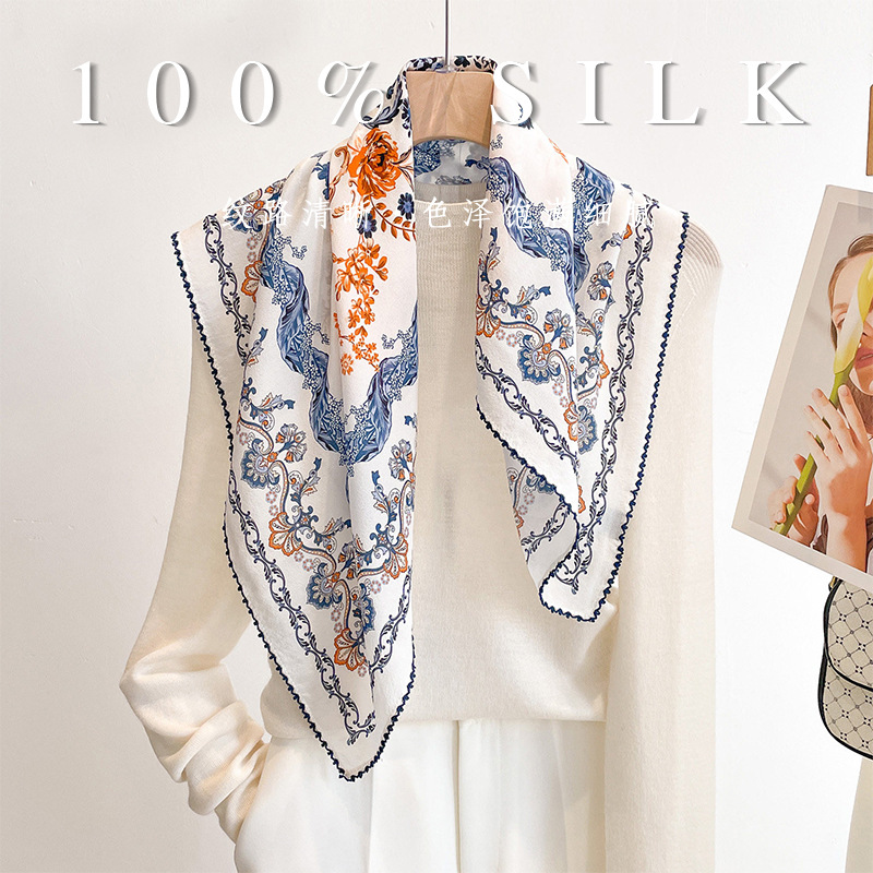 Discount Luxury Bags - 高級 100% 桑シルク スクエアスカーフ 70cm レトロバロックフラワー