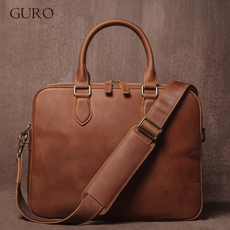 Luxury Bags For Laptop - GURO 男性クレイジーホース牛革ブリーフケース高級本革ハンドバッグシンプルな軽量ショルダーバッグファイルラップトップクロスボディバッグ